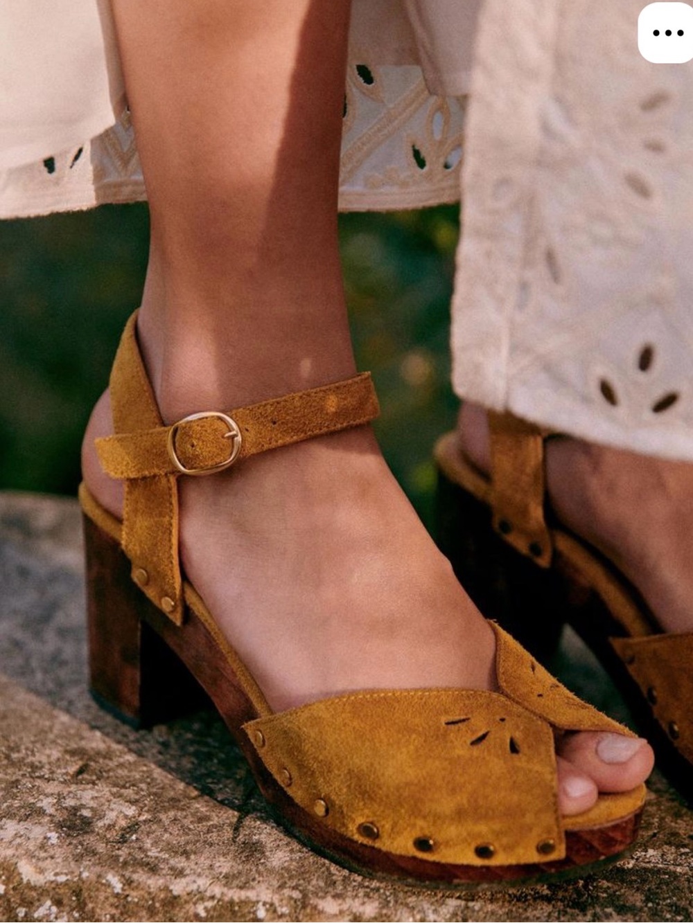 Sezane Sienna Honey Mustard Suede Cutout Ankle-Strap Clogs